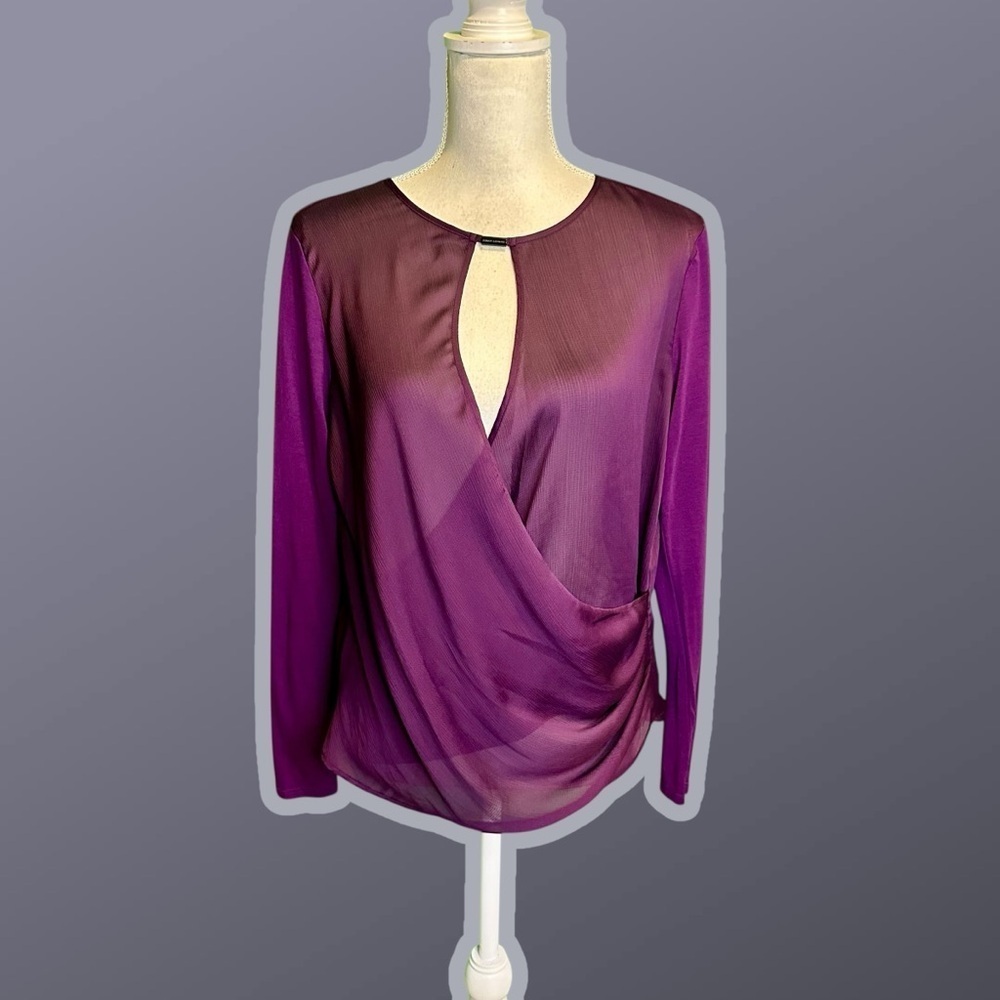 Armani Exchange Purple Crisscross Wrap Effect Keyhole Blouse w/ Knit Sleeves M